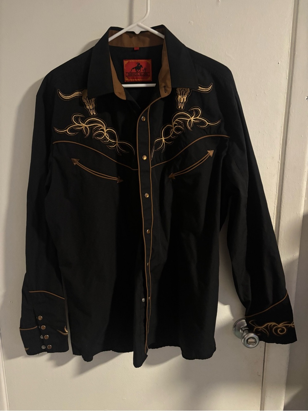 Drickle’s Men’s XL Black Western Bull Skull Embroidered Snap Shirt